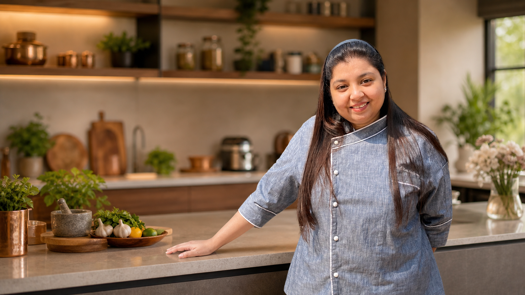 Chef Manisha Gupta in a warm professional kitchen